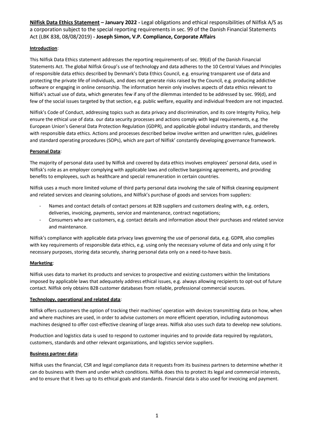 Nilfisk Data Ethics Statement 2022