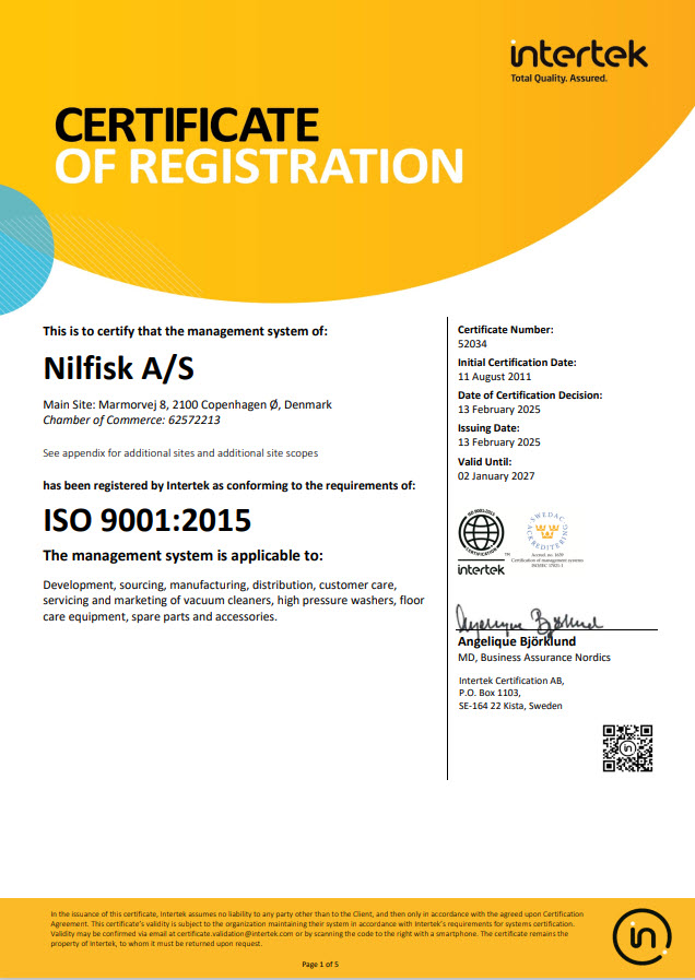 NILFISK ISO 9001 2015 Certificate EN 2025