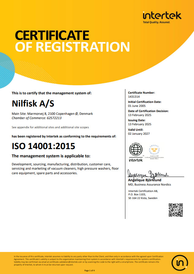 Nilfisk ISO 14001 2015 Certificate EN 2025